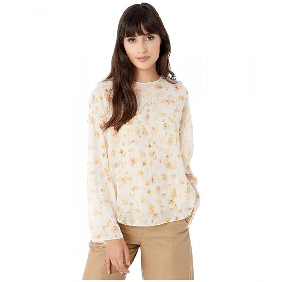 Vince Pressed Petal Blouse Yellow Floral Pleated Crinkle Semi Sheer Top Size M - Picture 1 of 8